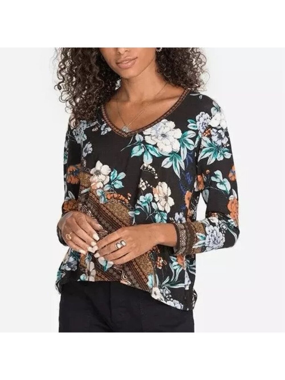 Johnny Was 3J Workshop JWLA Golden Spring Favorite V-Neck Top Tunic blouse M